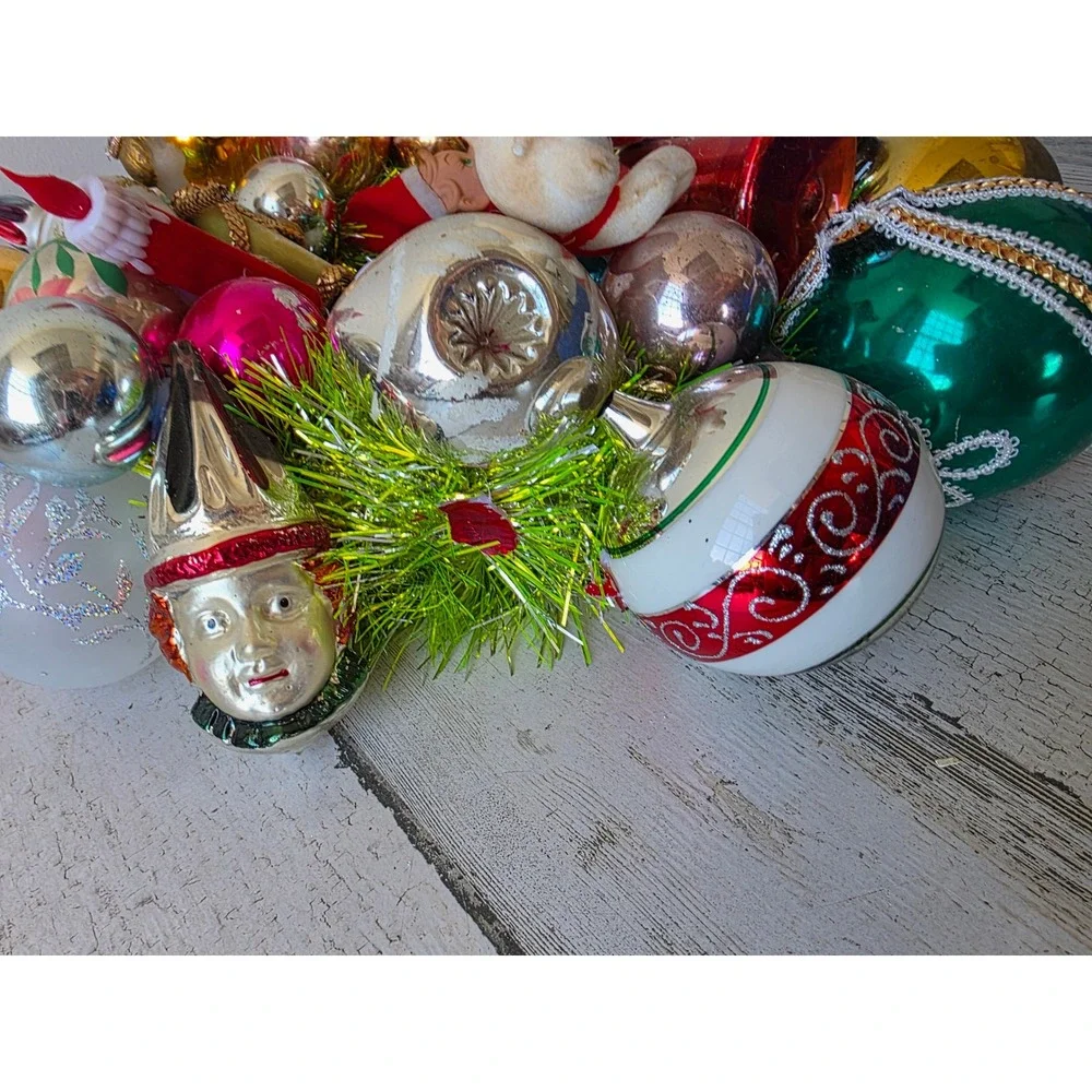 Antique vintage glass ornament wreath pixie knee hugger Santa Xmas hanging decor